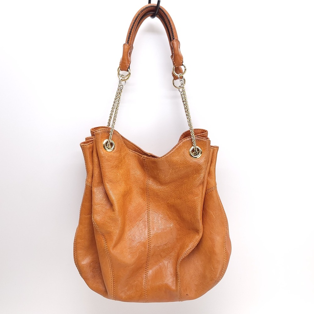 Antonio Melani Cognac Brown Leather Hobo Shoulder Bag Purse Gold Chain Accents